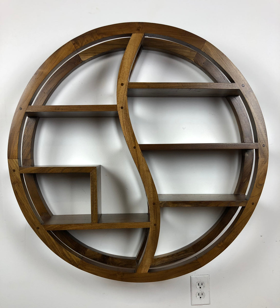 Yin yang wall mounted book shelf bookcase handcrafted from solid teak