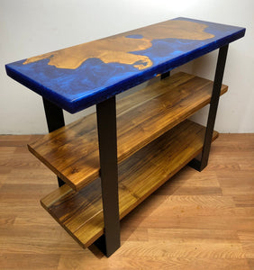 Epoxy teak root wood console with blue orchid resin