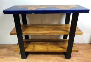 Epoxy teak root wood console with blue orchid resin