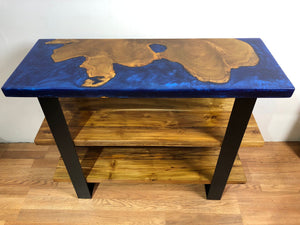 Epoxy teak root wood console with blue orchid resin