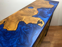 Epoxy teak root wood console with blue orchid resin