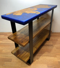 Epoxy teak root wood console with blue orchid resin