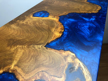 Epoxy teak root wood console with blue orchid resin