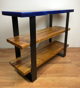 Epoxy teak root wood console with blue orchid resin