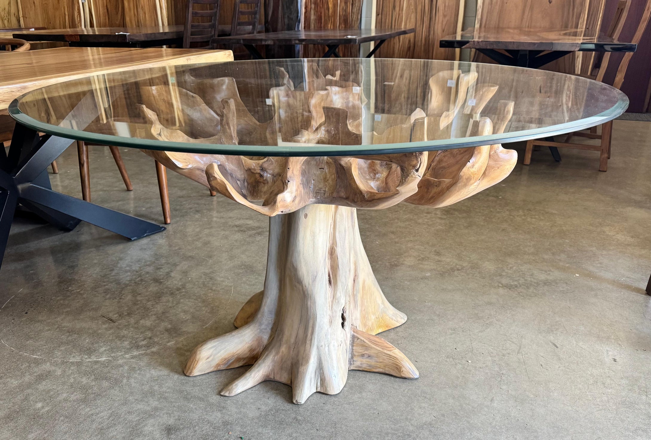 Teak Root Glass Top Dining Table | 55 Inch Round Beveled Glass ...