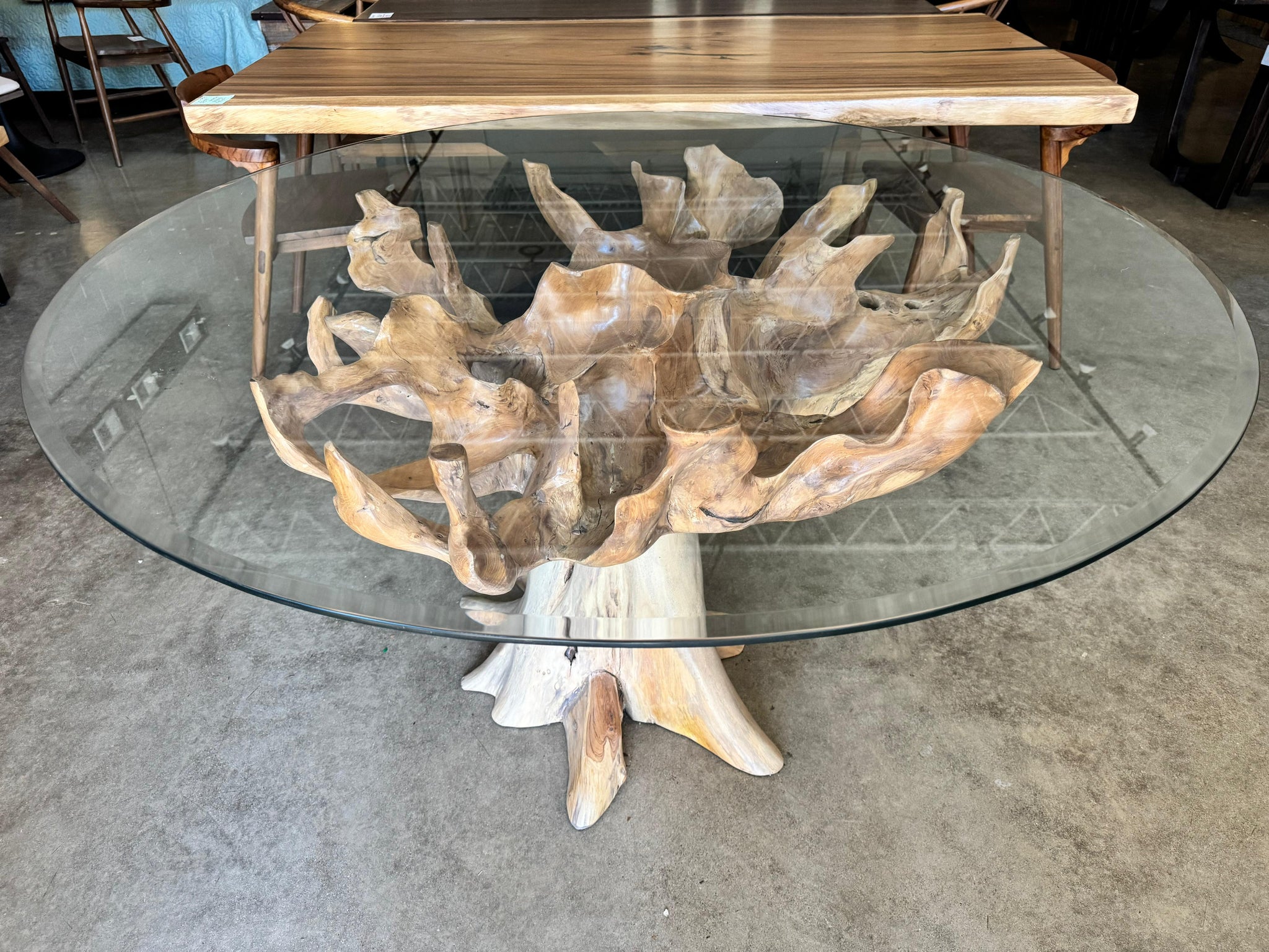 Root Table Glass Teak Root Glass Top Dining Table | 55 Inch Round Beveled Glass ...