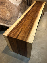 Live edge acacia wood slab waterfall dining bench