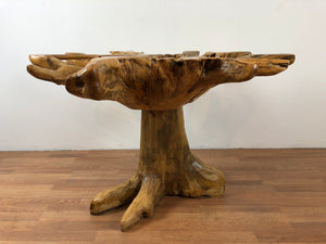 Teak root wood round dining table with beveled glass top