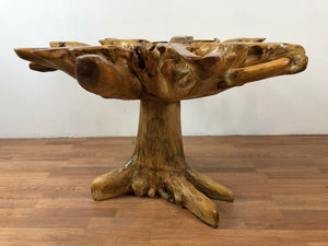 Teak root wood round dining table with beveled glass top