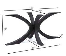 Butterfly metal dining table base dimensions showing 60-inch overall length, 34-inch width and 28-inch height.