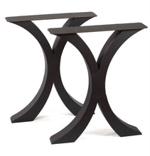Front view of Eclipse curved metal double pedestal dining table base supporting a rectangular wood tabletop.