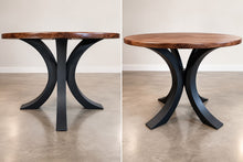 Eclipse black metal pedestal dining table base with curved 3-inch tubing, 35-inch diameter.