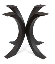 Eclipse black metal pedestal dining table base with curved 3-inch tubing, 35-inch diameter.
