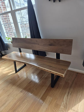 Live edge walnut wood dining bench with back support