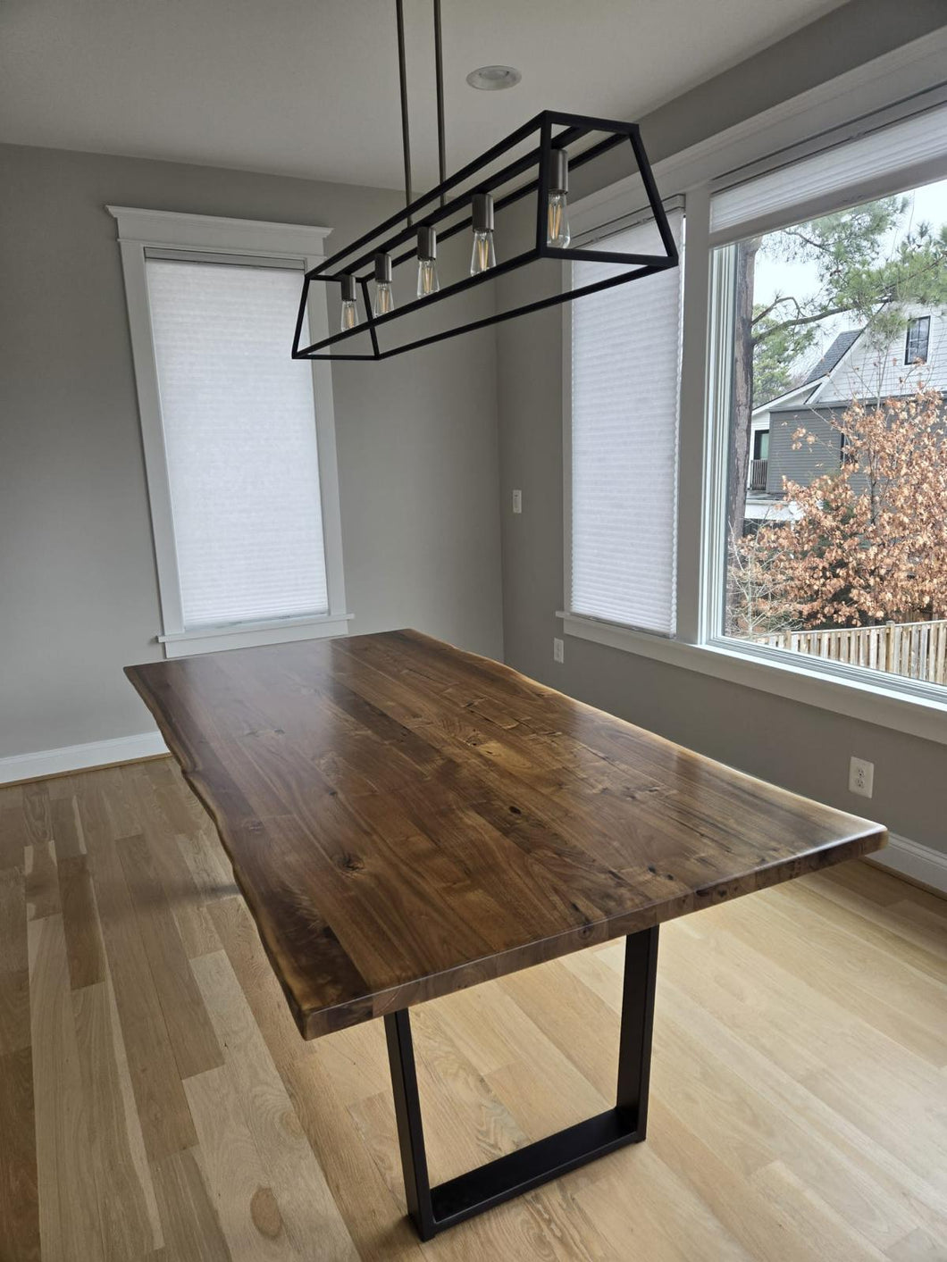 Live edge walnut wood rectangular dining table with rectangular metal legs contemporary modern