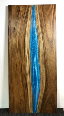 Live edge acacia wood table or desk top with blue river epoxy 72” x 32