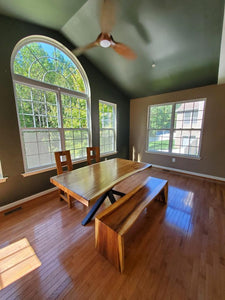 Live edge acacia wood dining table and bench waterfall style