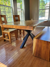 Live edge acacia wood dining table and bench waterfall style