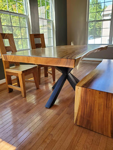 Live edge acacia wood dining table and bench waterfall style