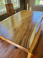Live edge acacia wood dining table and bench waterfall style