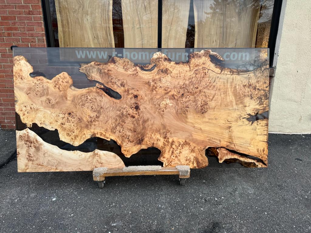 Live Edge Burl Wood Dining Table Top, Opaque Black Epoxy | Burl Wood Epoxy River Table | Live Edge Burl Wood Epoxy Resin Table Top 82.5