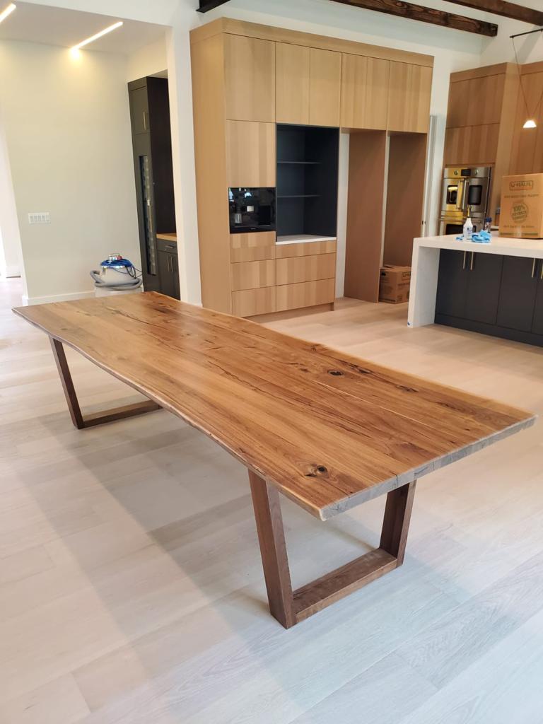 Live edge walnut wood dining table with trapezoid wood base