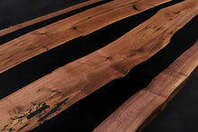 Live edge epoxy resin table top made from natural walnut wood with river design for modern rustic furniture