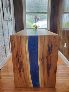 Blue river epoxy waterfall table with live edge wood slabs