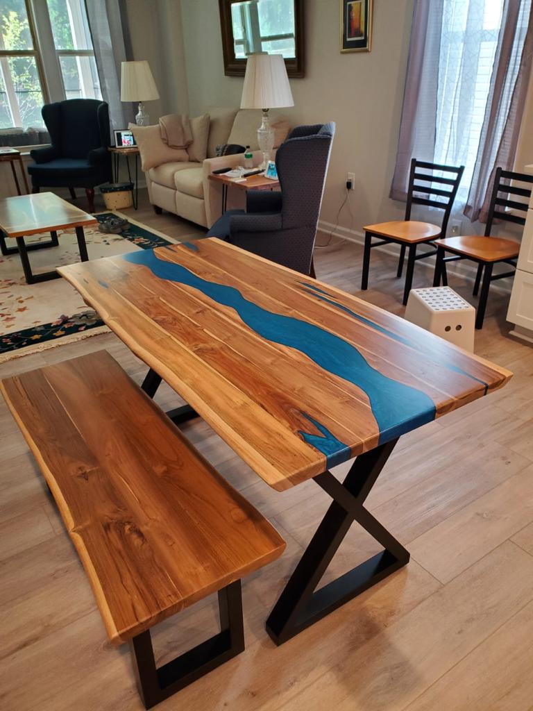 Live edge river blue epoxy dining table and bench