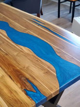 Live edge river blue epoxy dining table and bench