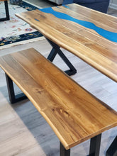 Live edge river blue epoxy dining table and bench