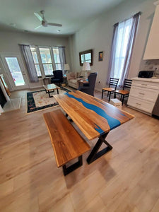 Live edge river blue epoxy dining table and bench