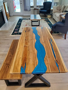 Live edge river blue epoxy dining table and bench