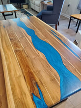 Live edge river blue epoxy dining table and bench