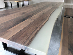 Live edge walnut wood dining table top with epoxy and bench set