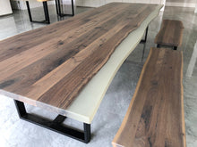 Live edge walnut wood dining table top with epoxy and bench set