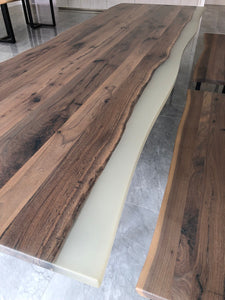 Live edge walnut wood dining table top with epoxy and bench set