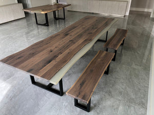 Live edge walnut wood dining table top with epoxy and bench set