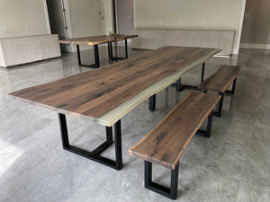 Live edge walnut wood dining table top with epoxy and bench set