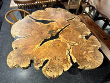 Large spalted maple slab dining table with live edge and clear epoxy, modern rustic hardwood table seating 6 to 8