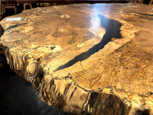 Custom spalted maple live edge wood dining table with epoxy fill and metal legs, statement natural furniture piece
