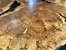 Custom spalted maple live edge wood dining table with epoxy fill and metal legs, statement natural furniture piece