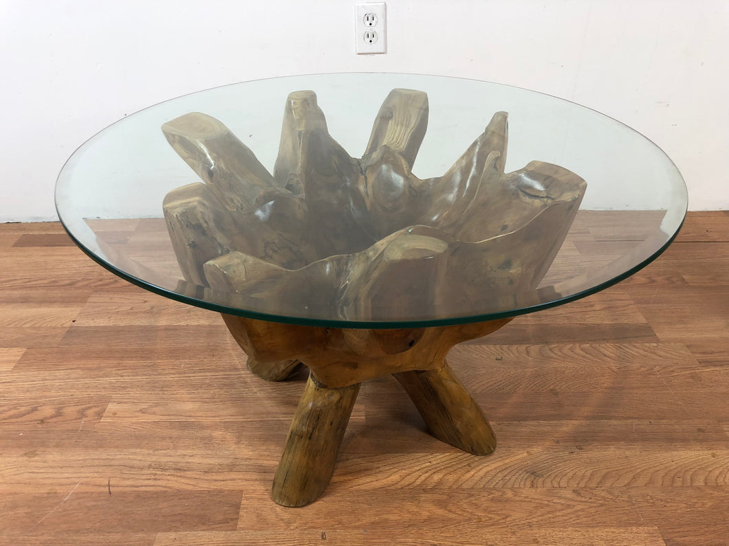 Teak wood root coffee table with round glass top 24