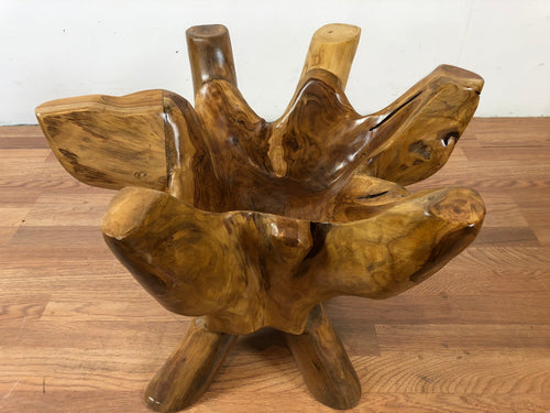 Teak wood root coffee table with round glass top 24