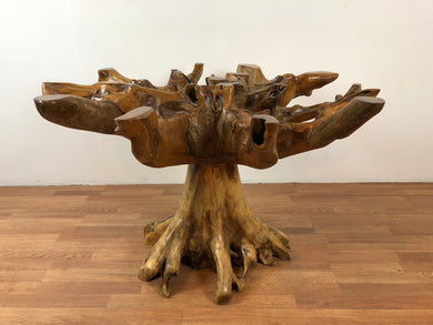 Teak root wood round dining table with beveled glass top