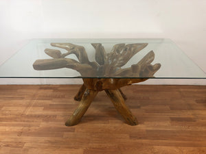 Teak root wood rectangular dining table with beveled glass top