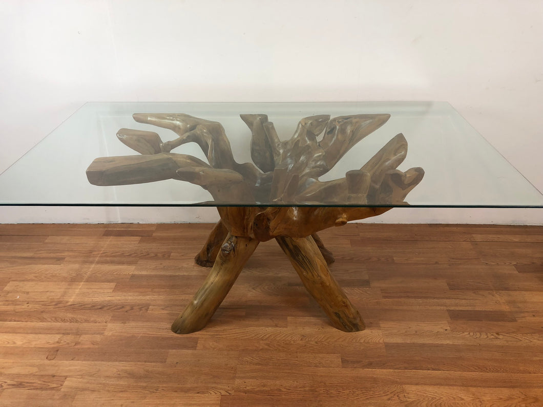 Teak root wood rectangular dining table with beveled glass top 48