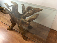 Teak root wood rectangular dining table with beveled glass top