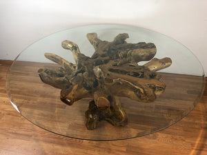 Teak root wood round dining table with beveled glass top