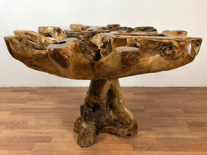 Teak root wood round dining table with beveled glass top